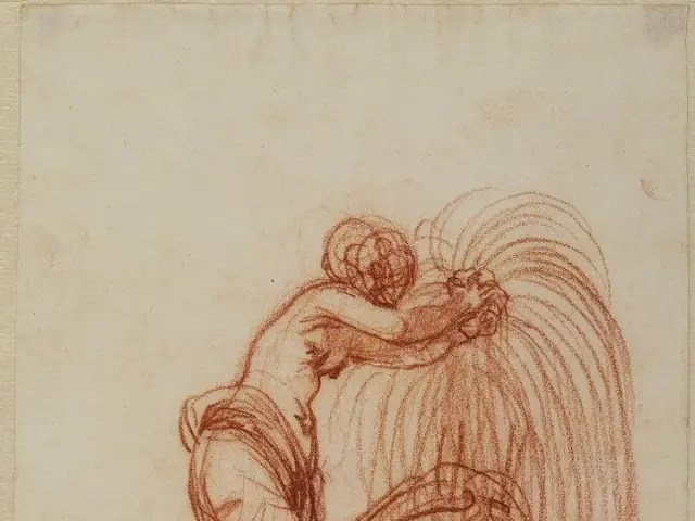 The image shows a drawing of a woman sitting in a bathtub, with her head resting on the edge of the...