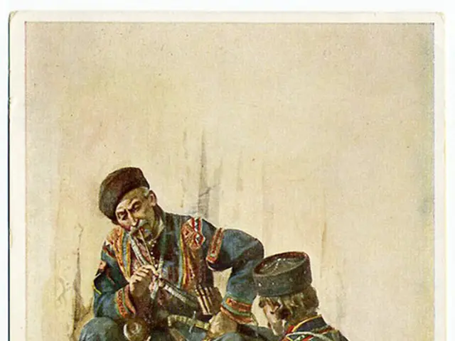 The image shows two men in military uniforms sitting on the ground, playing musical instruments....