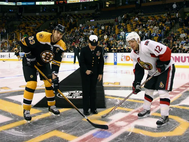 The image shows a hockey game between the Boston Bruins and the Ottawa Senators. We can see players...