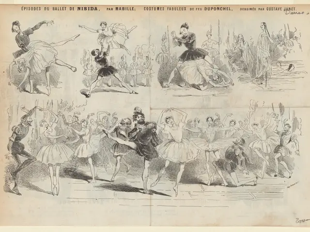 The image shows a page from a book with a drawing of a group of people dancing, with text...