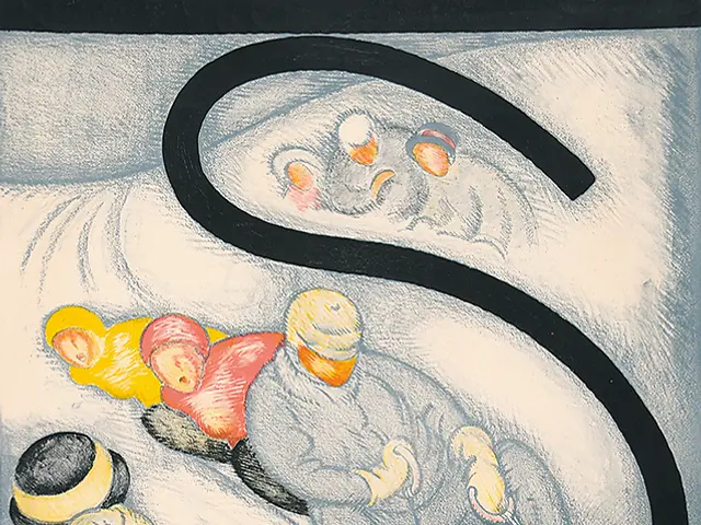 The image shows a poster for the Schlittensport Winter Olympics, featuring a painting of several...