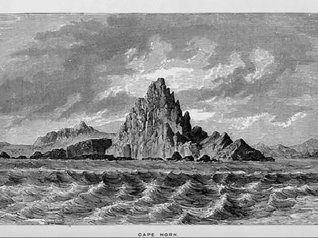 The image shows a black and white engraving of a rocky island in the middle of the ocean, with the...