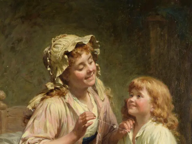 The image shows a painting of a woman and a child sitting on a bed, with the woman holding a thread...