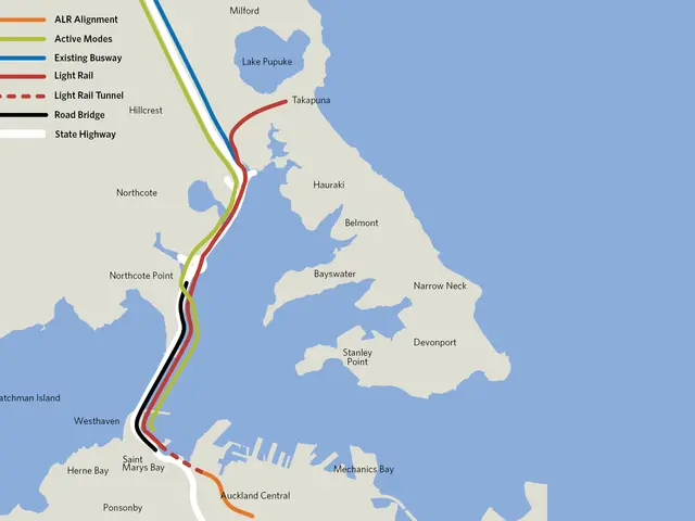 The image shows a map of a city with a red line running through it, indicating the proposed route...