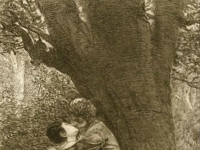 The image shows a romantic scene of a man and woman embracing and kissing under a tree, with a...
