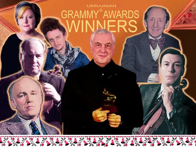 The image shows a group of people standing next to each other on a stage, with one person in the...