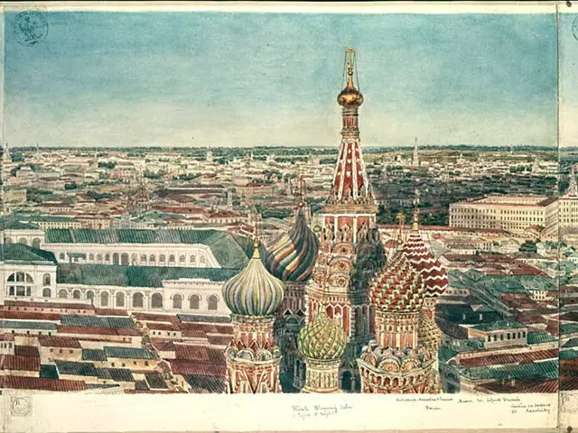 The image shows a painting of St. Basil's Cathedral in Moscow, Russia, with a number of buildings...
