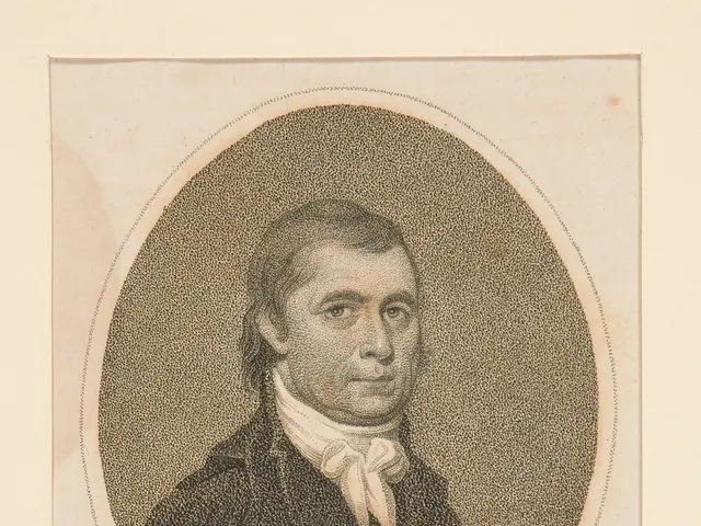 The image shows a portrait of John Marshall, the Chief Justice of the United States, with a human...