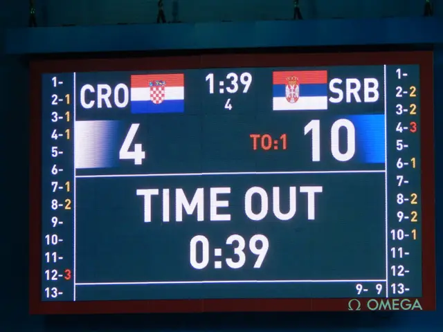 The image shows a large electronic scoreboard with the words "Croatia vs Serbia" displayed on it,...