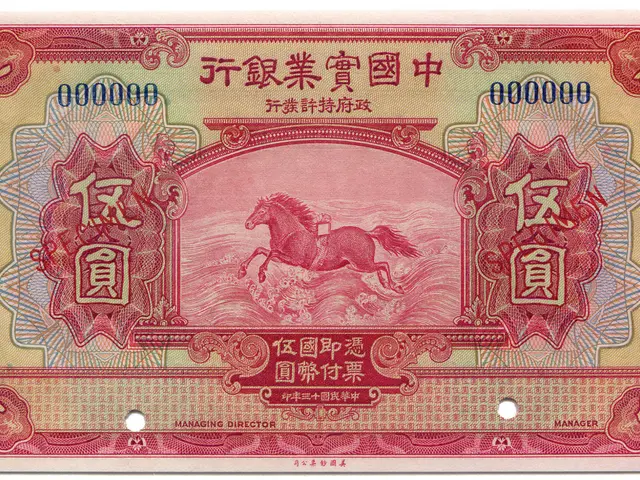 The image shows a Chinese banknote with a picture of a horse on it. The horse is depicted in a...