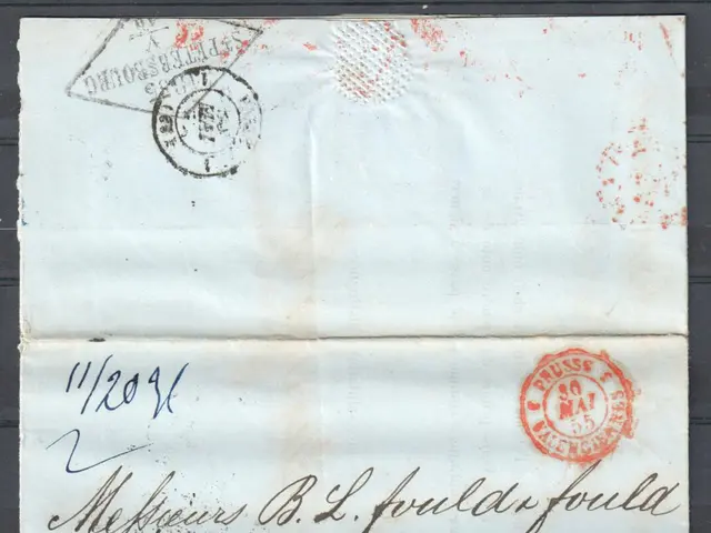 The image shows an old envelope with a red stamp on it, dated 1855, addressed to the Russian...