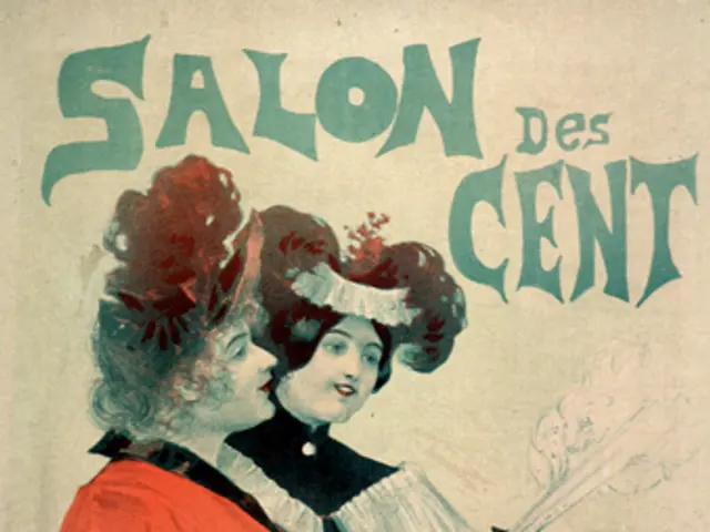 The image shows a poster advertising a salon des cent, featuring two women with human faces. The...