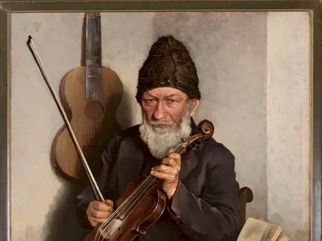 The image shows an old man sitting at a table, playing a violin. He is surrounded by books, and...