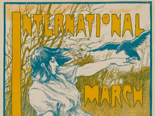 The image shows a poster for the International March, featuring a woman with a human face and a...