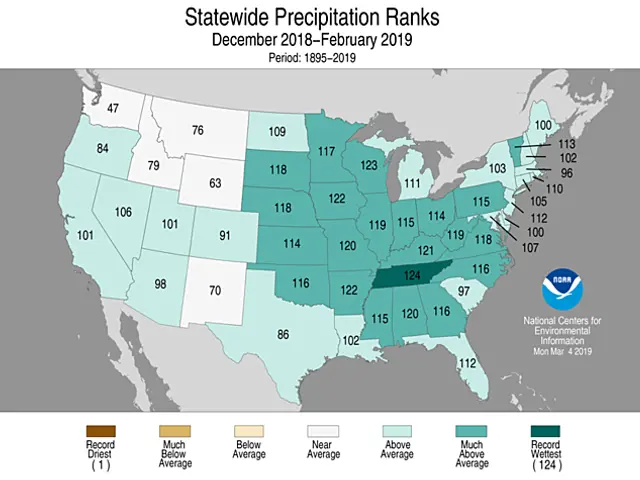 The image shows a map of the United States with the statewide precipitation ranks for December...