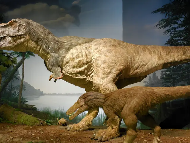 The image shows two dinosaurs, a T-Rex and a Tyrannosaurus Rex, in a Jurassic Park setting. The...