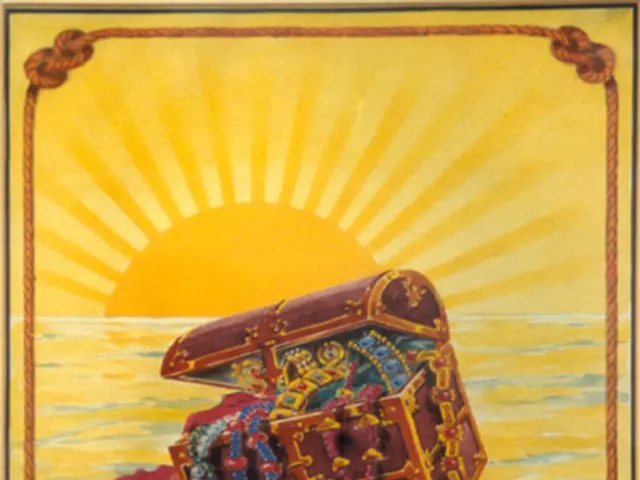 The image shows a poster of a treasure chest floating in the ocean with the sun in the background....