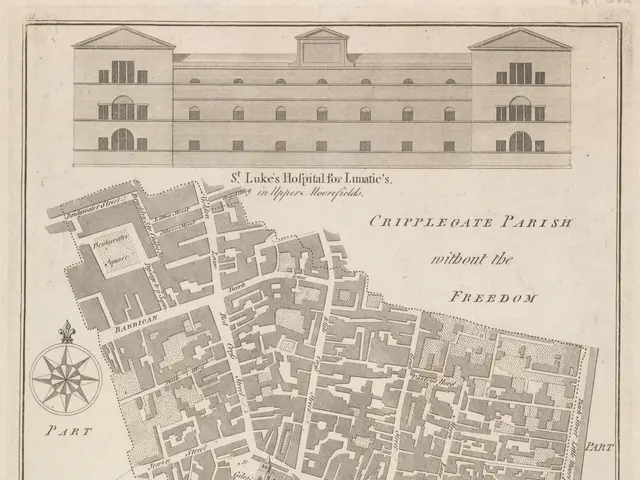 The image shows an old map of the city of London, England, with a building in the center. The map...