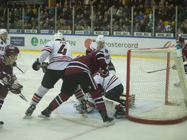 The image shows a group of people playing a game of hockey on an ice rink. They are wearing sports...