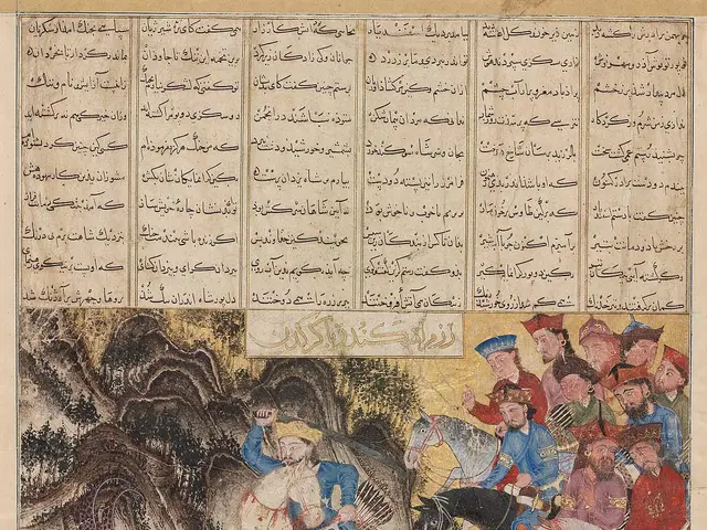 The image shows a page from a Shahnama book of kings, depicting a man on horseback being attacked...