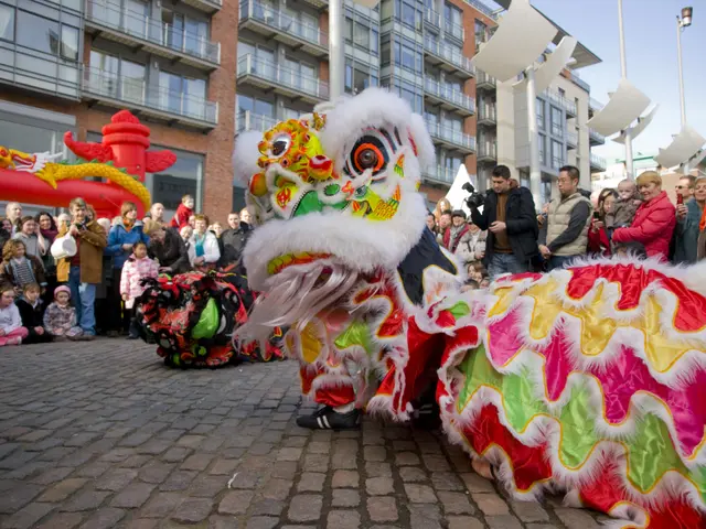 The image shows a vibrant Chinese New Year celebration in Amsterdam, with a lion dance in the...