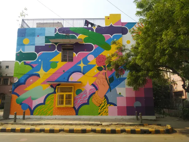 The image shows a vibrant mural on the side of a building in Mumbai, India. The mural is composed...