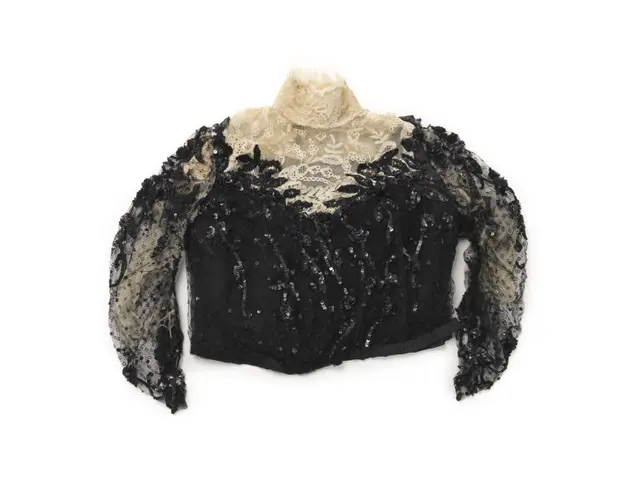 The image shows a black and white lace blouse with a high neckline and long sleeves. The blouse is...