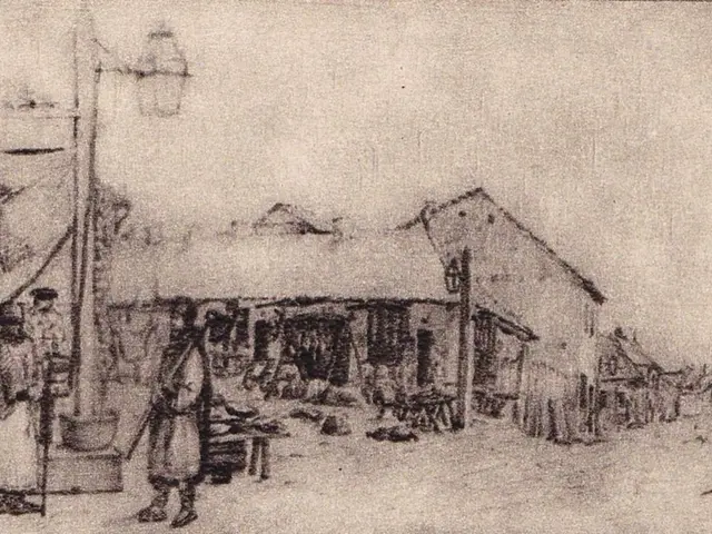 The image shows a drawing of a street scene with people walking down it, surrounded by houses,...