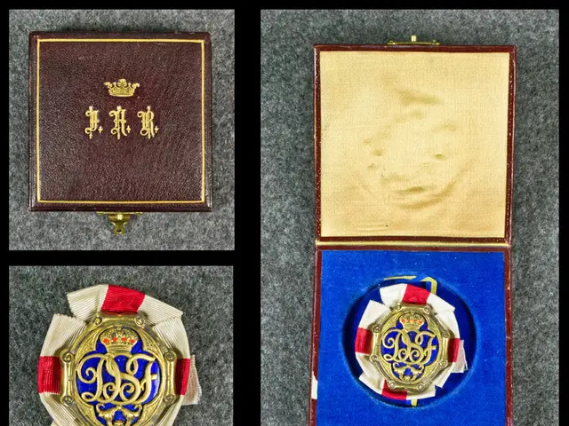 The image shows a collage of three medals in a box with Chinese writing on it. The medals are in...