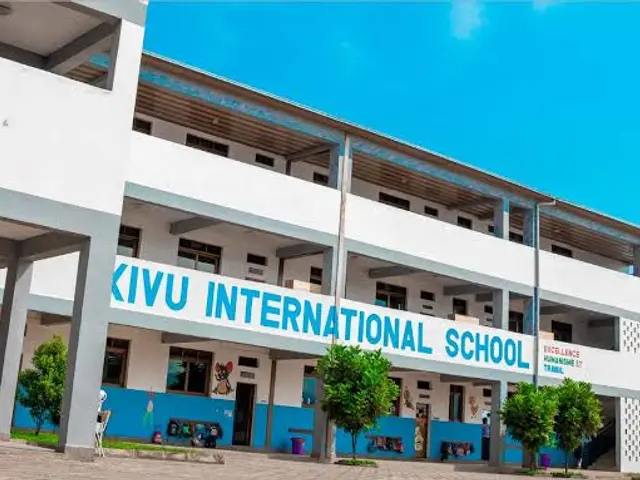 The image shows the KIVU International School in Nairobi, Kenya. It is a building with windows,...