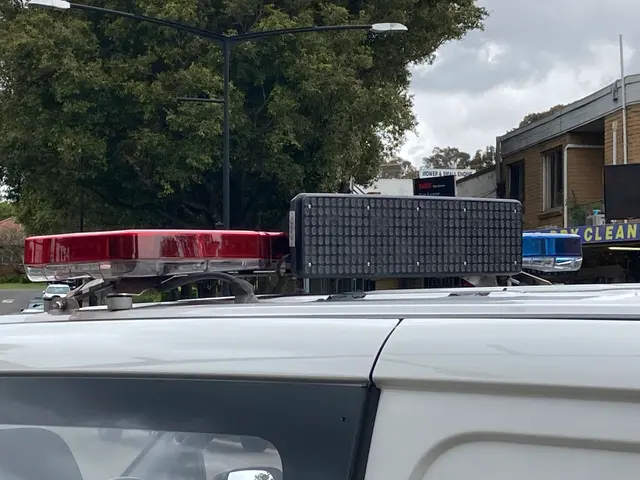 The image shows a police car parked on the side of the road with its lights on, surrounded by...