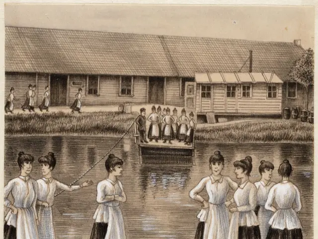 The image shows a group of women standing next to each other near a body of water, with one woman...