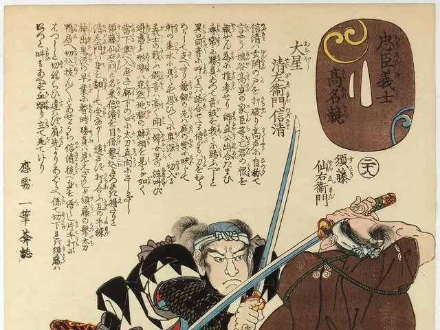 The image shows two samurai warriors engaged in a fierce battle, each holding a sword in their...