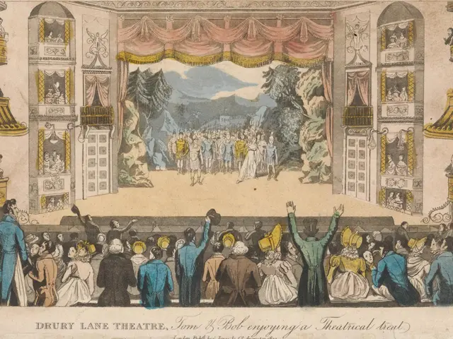 The image shows a drawing of a crowd of people standing in front of a stage at the Drury Lane...