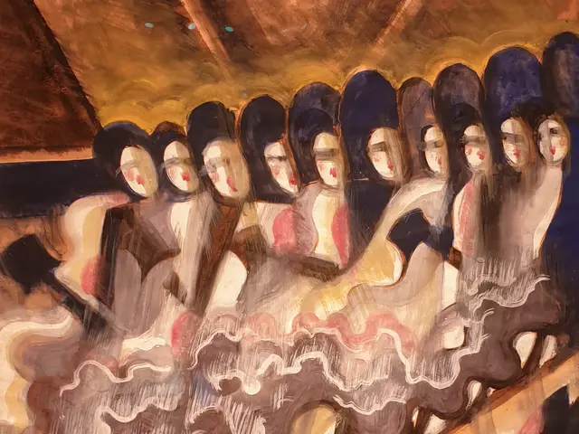 The image shows a painting of a group of women dancing on a stage, with a wall in the background....