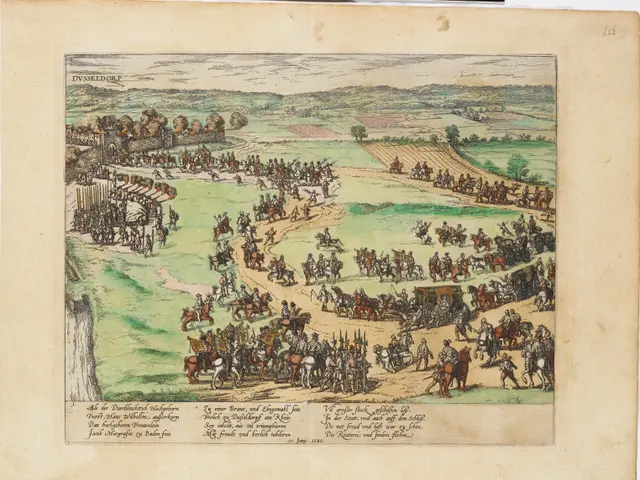 The image shows a drawing of a large group of people on horseback in a field, with trees, hills,...