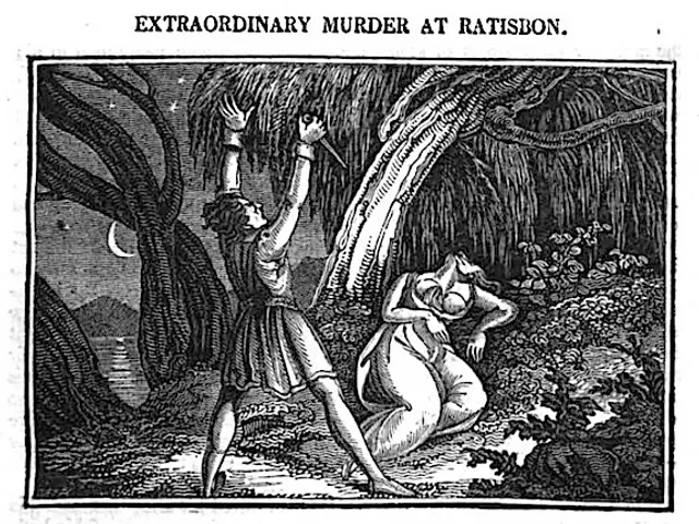 The image shows a black and white illustration of a man and a woman in a forest, with trees in the...