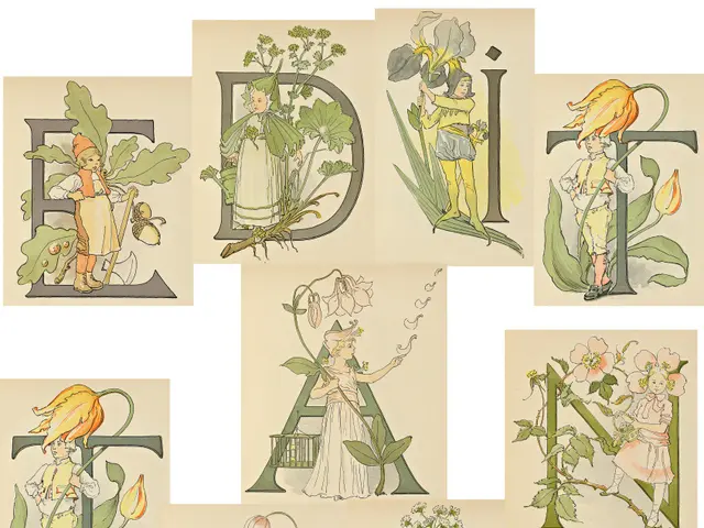 The image shows a set of six vintage alphabet cards featuring illustrations of fairies and flowers....