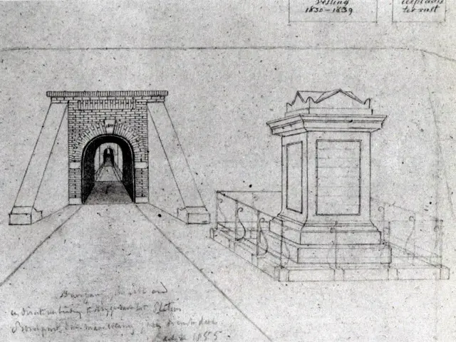 The image shows a drawing of a building with a clock tower in the middle of it, surrounded by a...