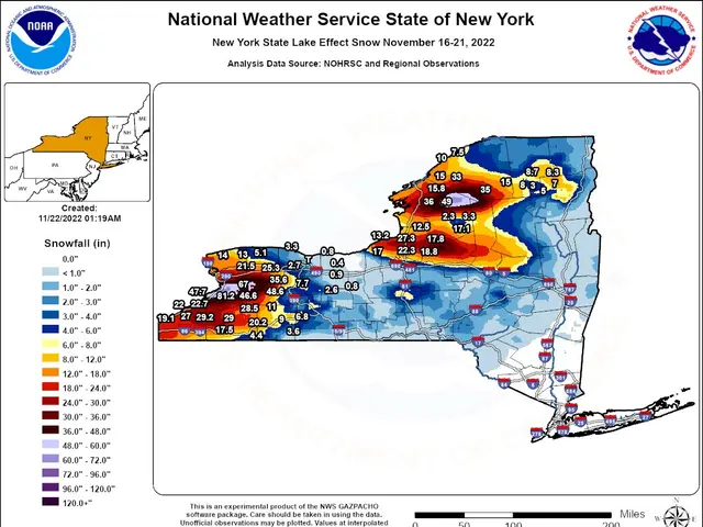 The image shows a map of New York with different colors indicating the average snowfall totals for...