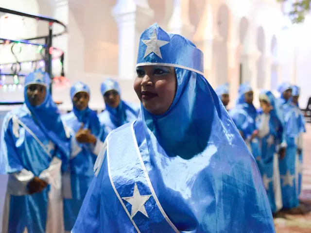 The image shows a group of women in blue and white outfits walking down a street, with a tree on...