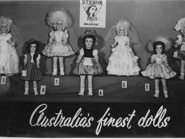 The image shows a black and white photo of a group of Australian's finest dolls, with a poster in...