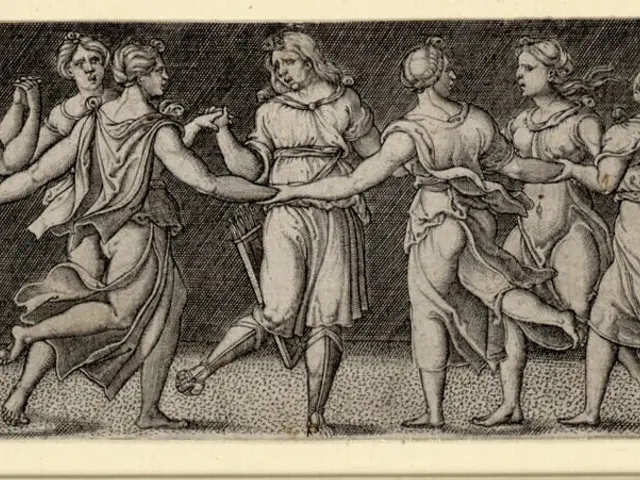 The image shows a black and white engraving of a group of people dancing, with a woman in the...