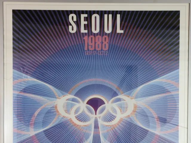 The image shows a poster for the 1988 Olympic Games in Seoul, South Korea. It features a person...