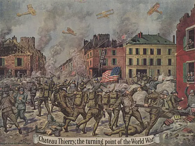 The image shows a poster depicting a chaotic scene of people holding guns and a flag, with...