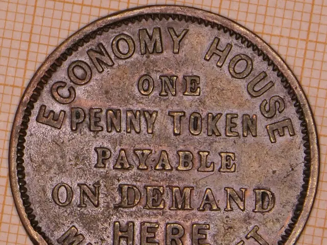 The image shows a coin with the words "Economy House One Penny Token Payable on Demand Here"...