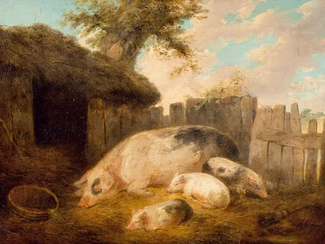 The image shows a painting of three pigs in a barn, surrounded by a wooden fence, a tree, and a sky...
