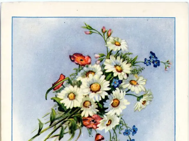 The image shows an old Russian postcard with a bouquet of flowers on it. The postcard is decorated...