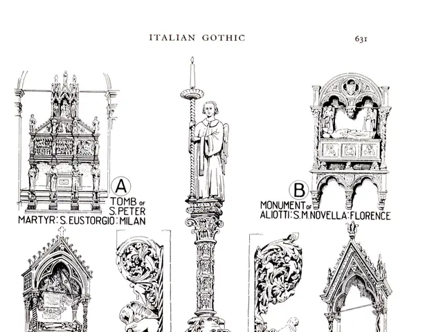 The image shows a poster with a drawing of a gothic architecture, featuring a variety of sculptures...
