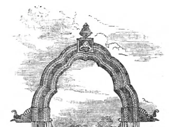 The image shows a black and white drawing of a festival in honour of Krishna, with an arch in the...